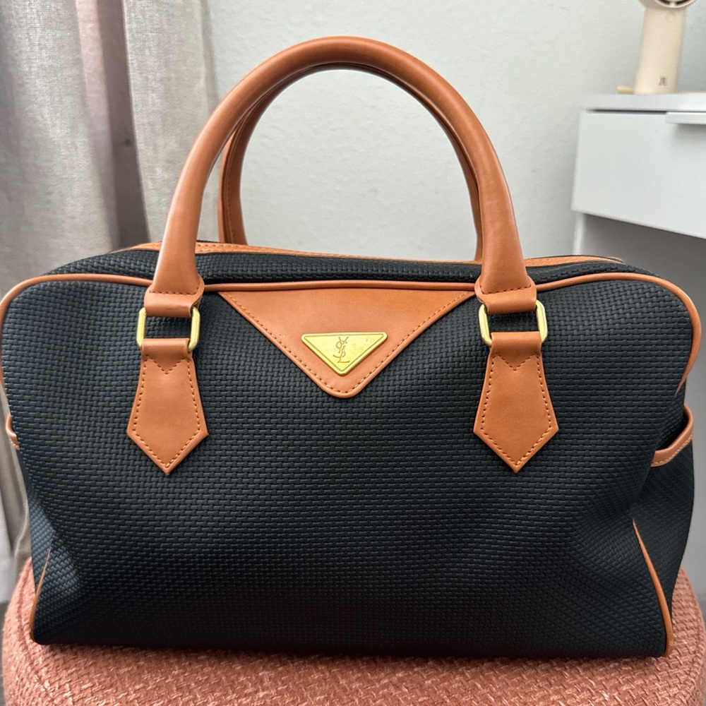 Yves Saint Laurent Black Textured Tote with Tan Accents